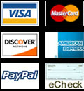 Visa, MasterCard, Discover, American Express, PayPal, eCheck